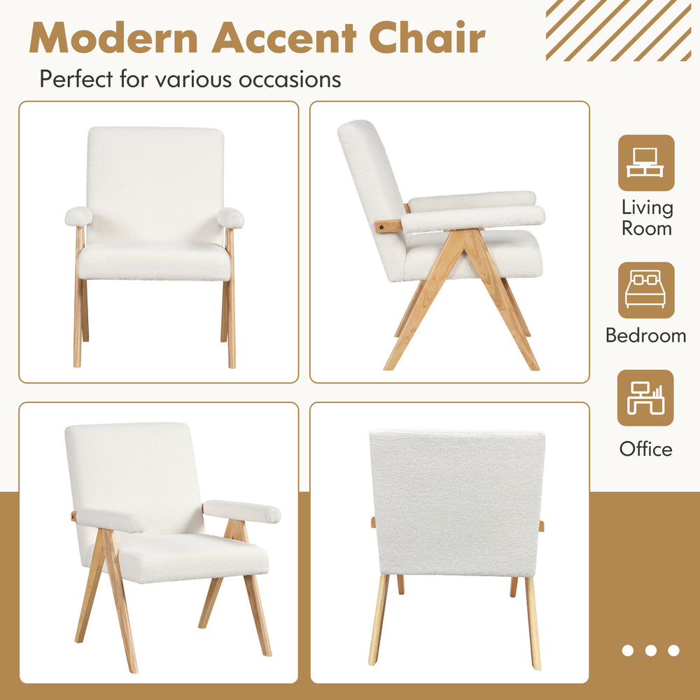 Mid Century Modern accent chair in white Sherpa fabric with rubber wood frame, ideal for living rooms and bedrooms.