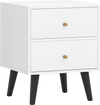 Mid Century Modern bedside table in white with golden knobs, featuring 2 drawers and raised support legs for easy.