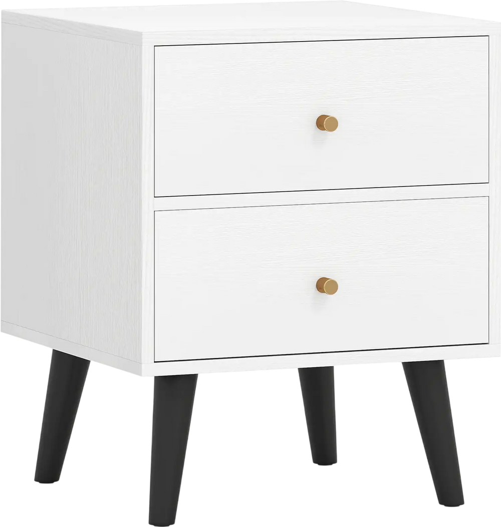 Mid Century Modern bedside table in white with golden knobs, featuring 2 drawers and raised support legs for easy.