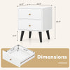 Mid Century Modern bedside table in white with golden knobs, featuring 2 drawers and raised support legs for stylish.