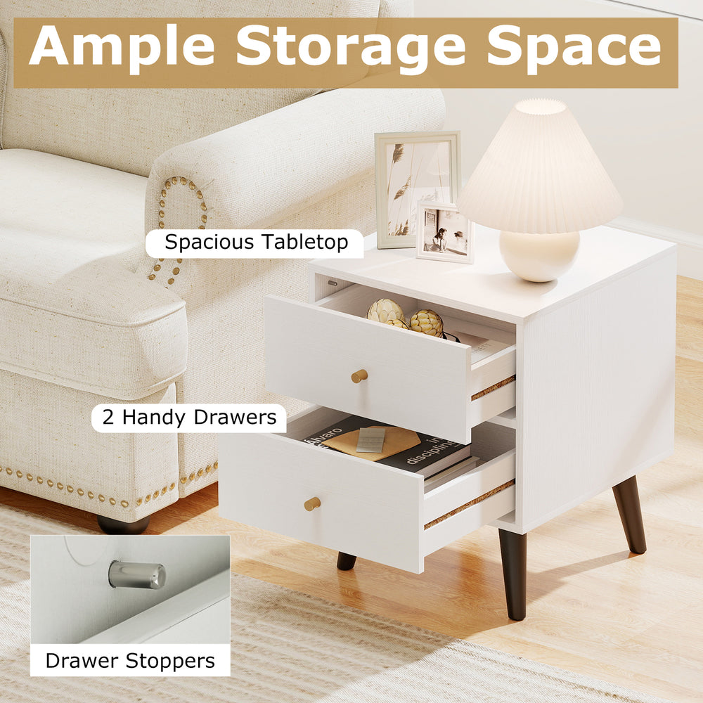 Mid Century Modern bedside table in white with spacious tabletop, 2 drawers, and golden knobs for stylish storage.