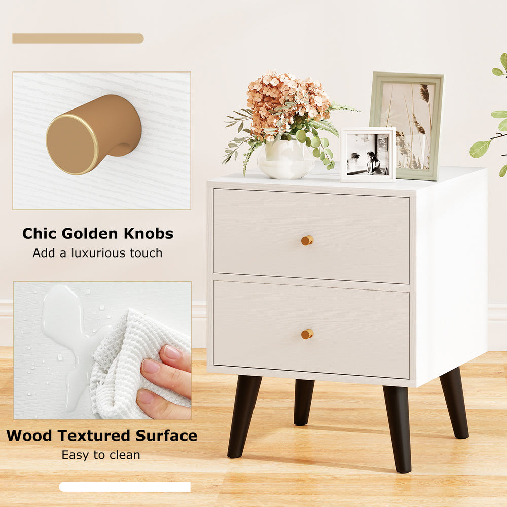 Mid Century Modern bedside table with golden knobs, wood textured surface, and two drawers for stylish storage.