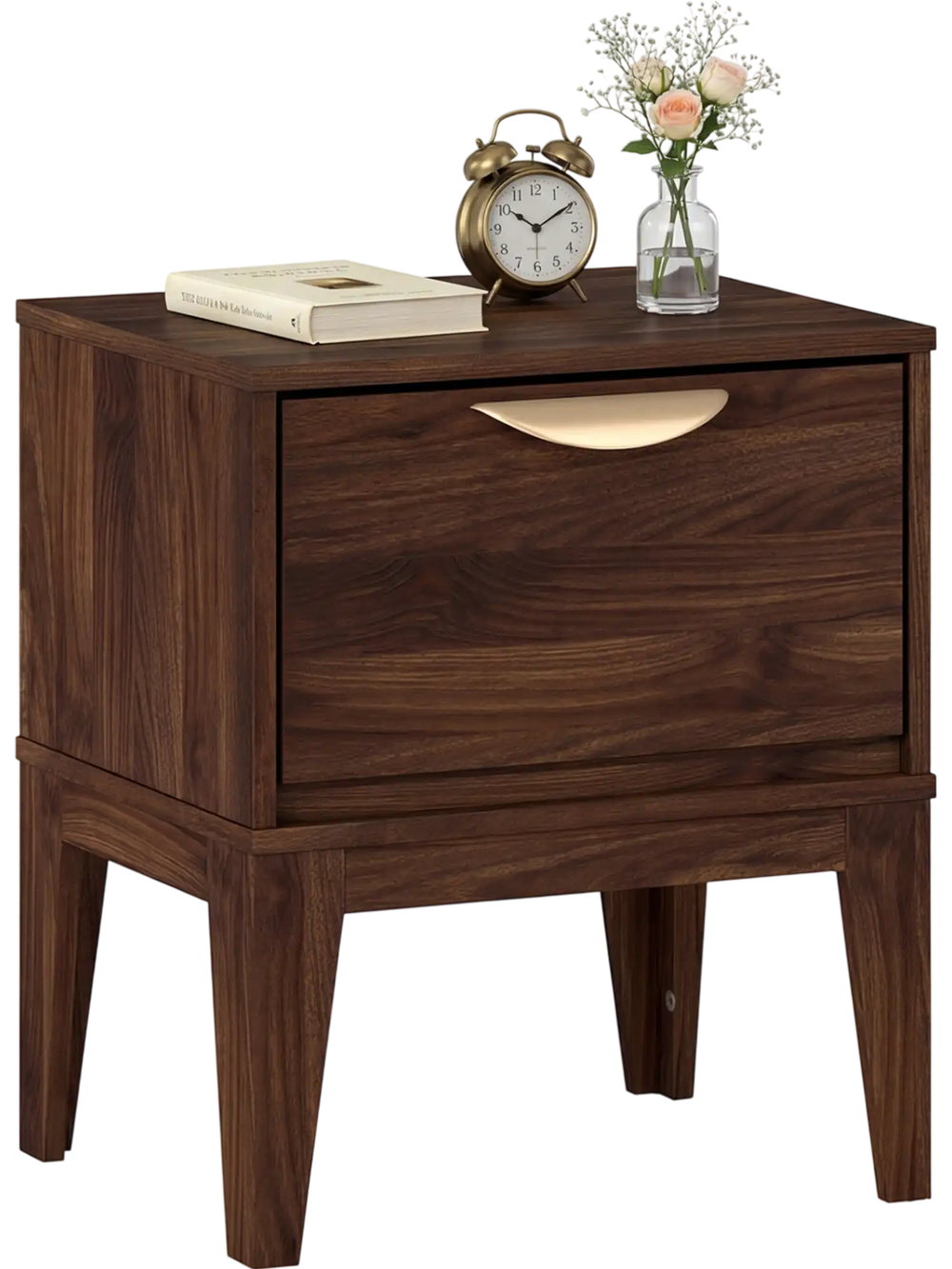 Mid Century Modern bedside table in walnut with a drawer and tapered legs, perfect for bedroom essentials and tidy.