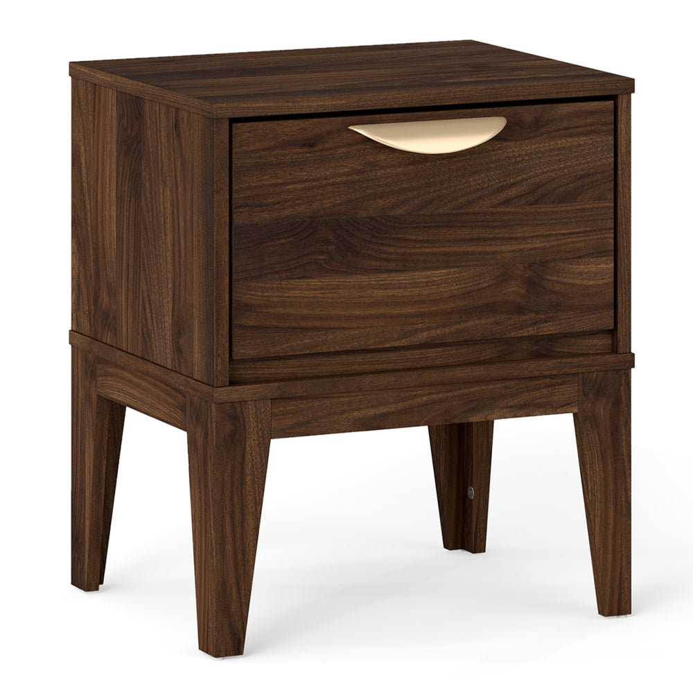 Mid Century Modern bedside table in walnut with a drawer and tapered legs, perfect for bedroom organization.