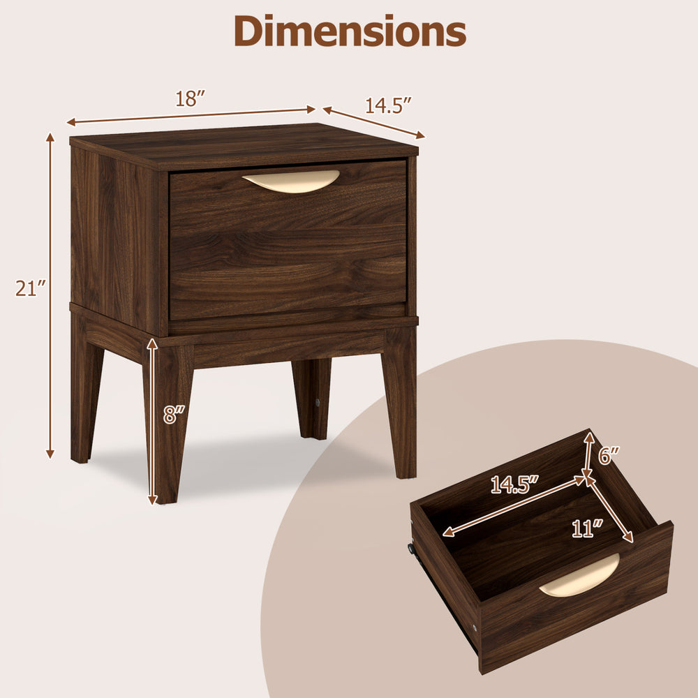 Mid Century Modern bedside table with drawer, walnut finish, tapered legs, and dimensions for bedroom organization.
