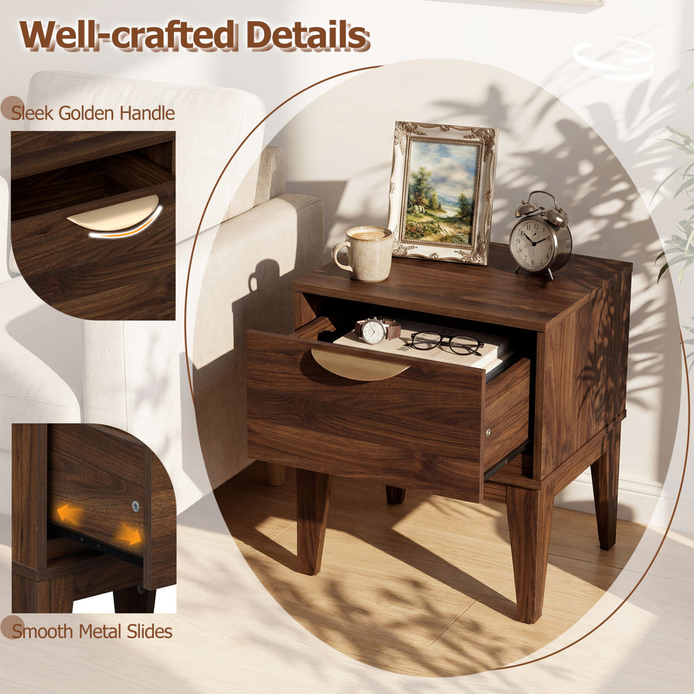 Mid Century Modern bedside table in walnut with a drawer, tapered legs, and a sleek golden handle for stylish storage.