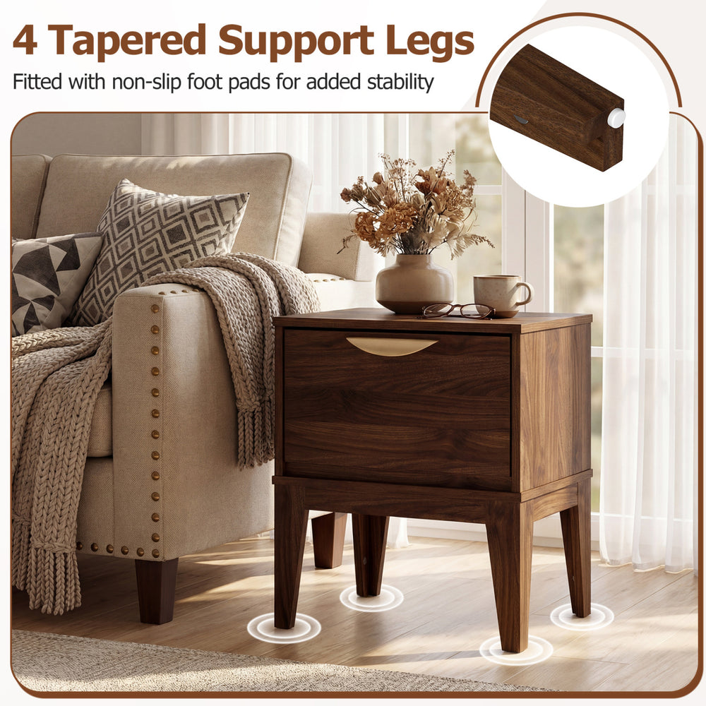 Mid Century Modern bedside table in walnut with a drawer and tapered support legs for bedroom organization and style.