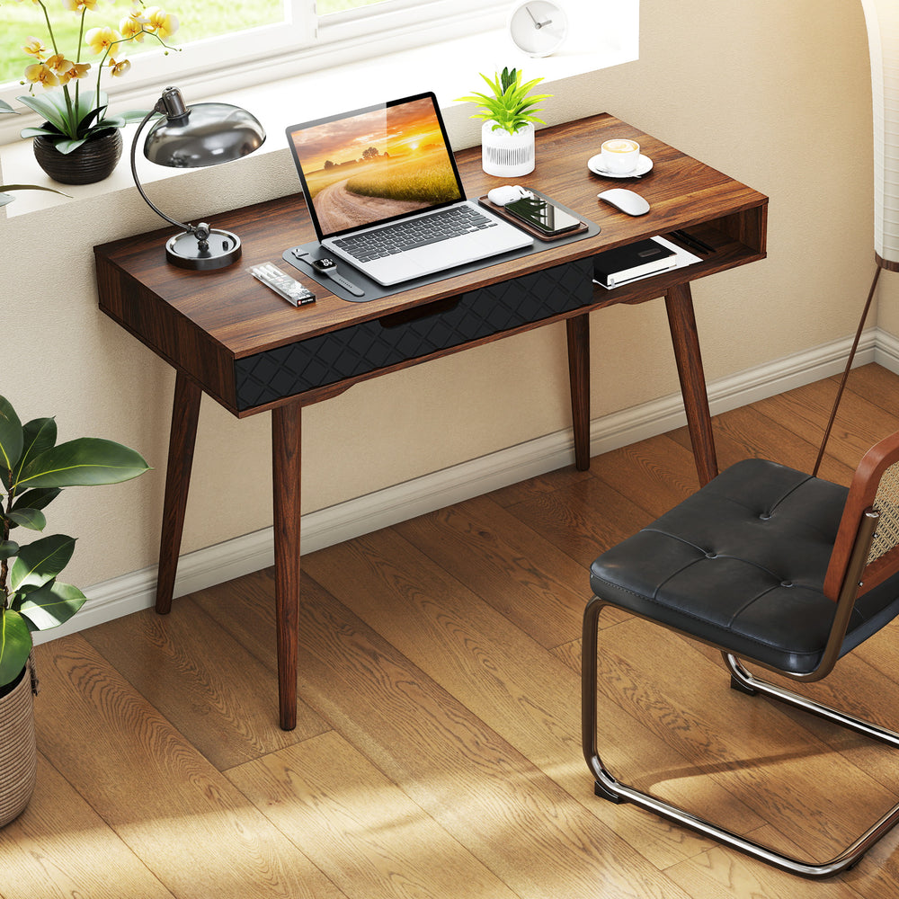 Mid-century modern computer desk in brown with drawer and open compartment, ideal for working and studying.