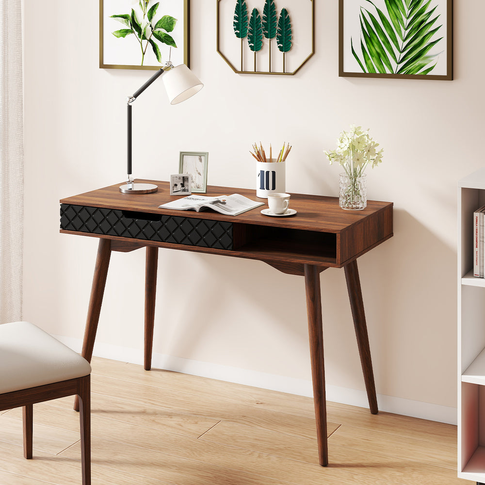 Mid-century modern computer desk in brown with a drawer and open compartment, perfect for studying and working.
