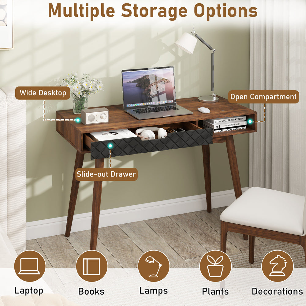 Mid-century modern computer desk in brown with slide-out drawer and open compartment for versatile storage options.
