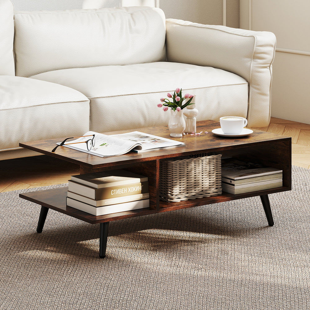 Mid Century Modern Rectangle Coffee Table 2-Tier Accent Table with 2 Open Compartments-Rustic Brown - Gallery View 1 of 10