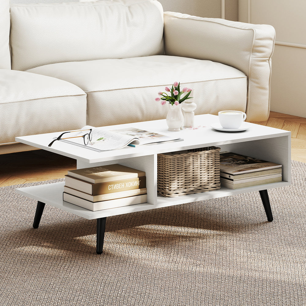Mid Century Modern Rectangle Coffee Table 2-Tier Accent Table with 2 Open Compartments-White - Gallery View 1 of 10