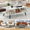 Mid Century Modern rectangle coffee table with 2 open compartments and tapered metal legs for stylish living room.