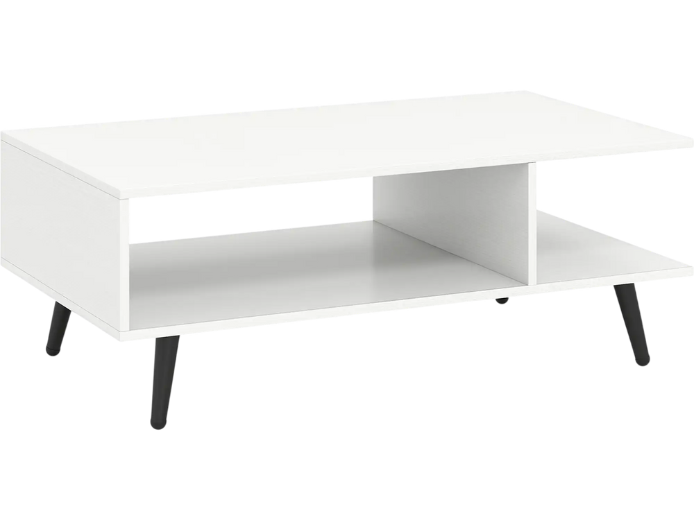 Mid Century Modern rectangle coffee table in white with 2 open compartments and tapered metal legs for stylish storage.