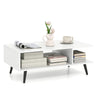 Mid Century Modern rectangle coffee table with white finish, 2 open compartments, and tapered metal legs for stylish.