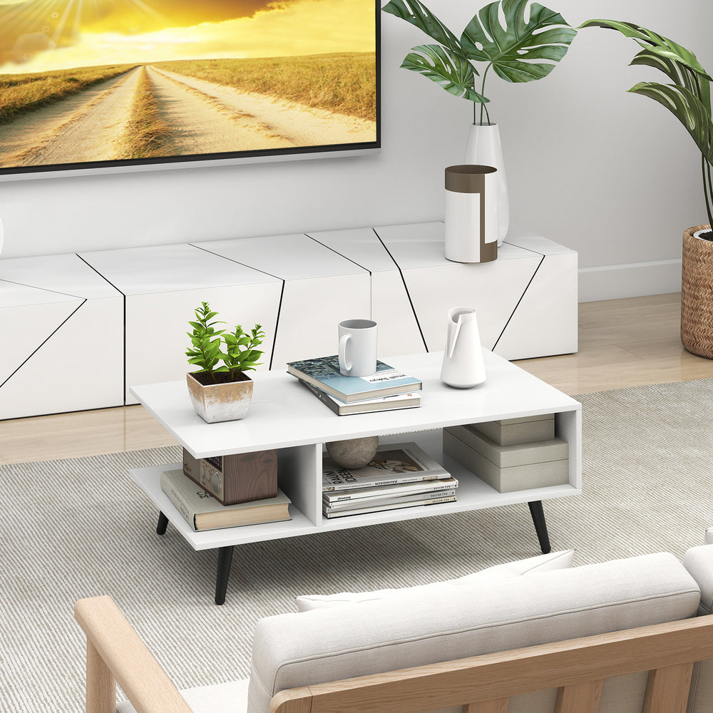 Mid Century Modern rectangle coffee table with spacious white tabletop and 2-tier design for functional living room use.