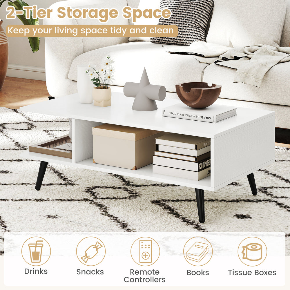 Mid Century Modern rectangle coffee table in white with 2 open compartments for drinks and books, featuring tapered.