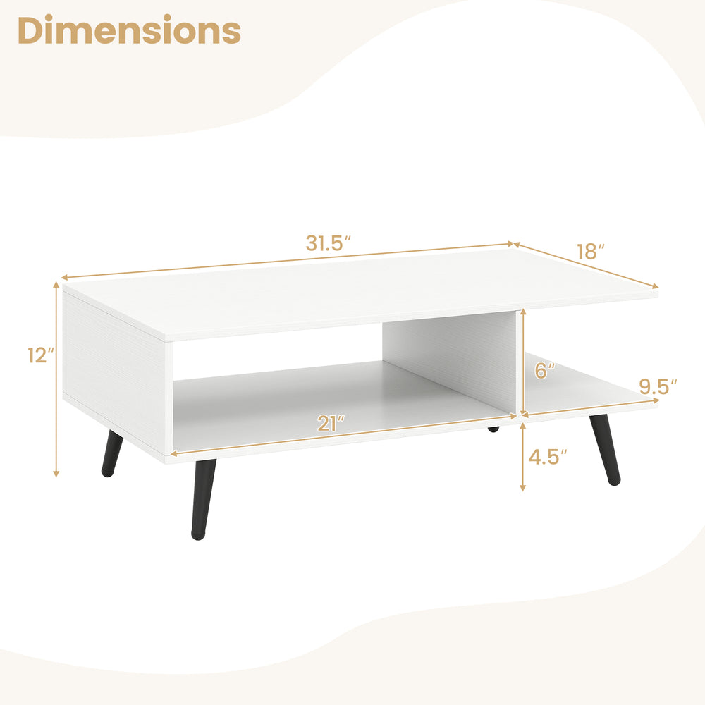 Mid Century Modern rectangle coffee table with 2 open compartments and tapered metal legs, dimensions shown for easy.