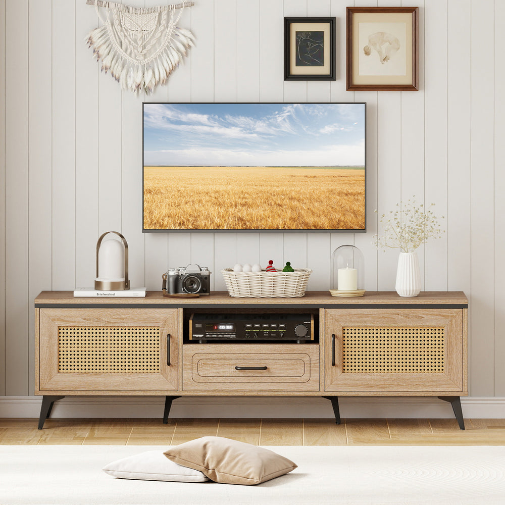 Mid Century Modern entertainment center in oak with faux rattan, featuring 2 cabinets, a drawer, and sturdy metal legs.