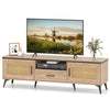 Mid Century Modern entertainment center with faux rattan details, showcasing a wide tabletop and convenient storage.
