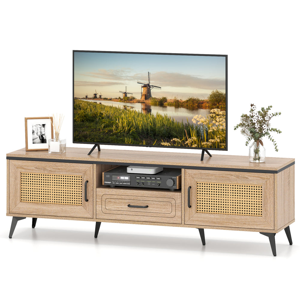 Mid Century Modern entertainment center with faux rattan details, showcasing a wide tabletop and convenient storage.