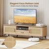 Mid Century Modern Entertainment Center in oak with faux rattan look, featuring cabinets, drawer, and sturdy metal legs.