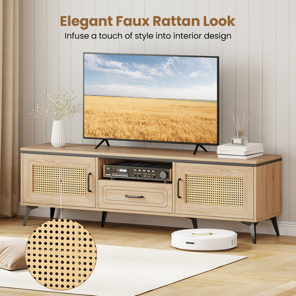 Mid Century Modern Entertainment Center in oak with faux rattan look, featuring cabinets, drawer, and sturdy metal legs.
