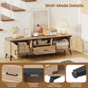 Mid Century Modern Entertainment Center with oak finish, featuring cabinets, drawer, and convenient handles for storage.