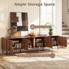 Mid-century modern entertainment center in walnut with spacious tabletop and 4-door cabinets for versatile storage.