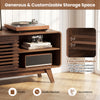 Mid Century Modern Entertainment Center in walnut finish with adjustable shelves and grille-style sliding doors for.