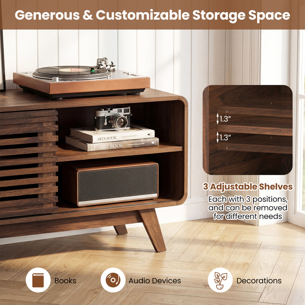 Mid Century Modern Entertainment Center in walnut finish with adjustable shelves and grille-style sliding doors for.