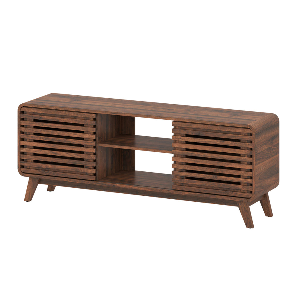 Mid Century Modern entertainment center in walnut with grille-style sliding doors, perfect for living room storage.