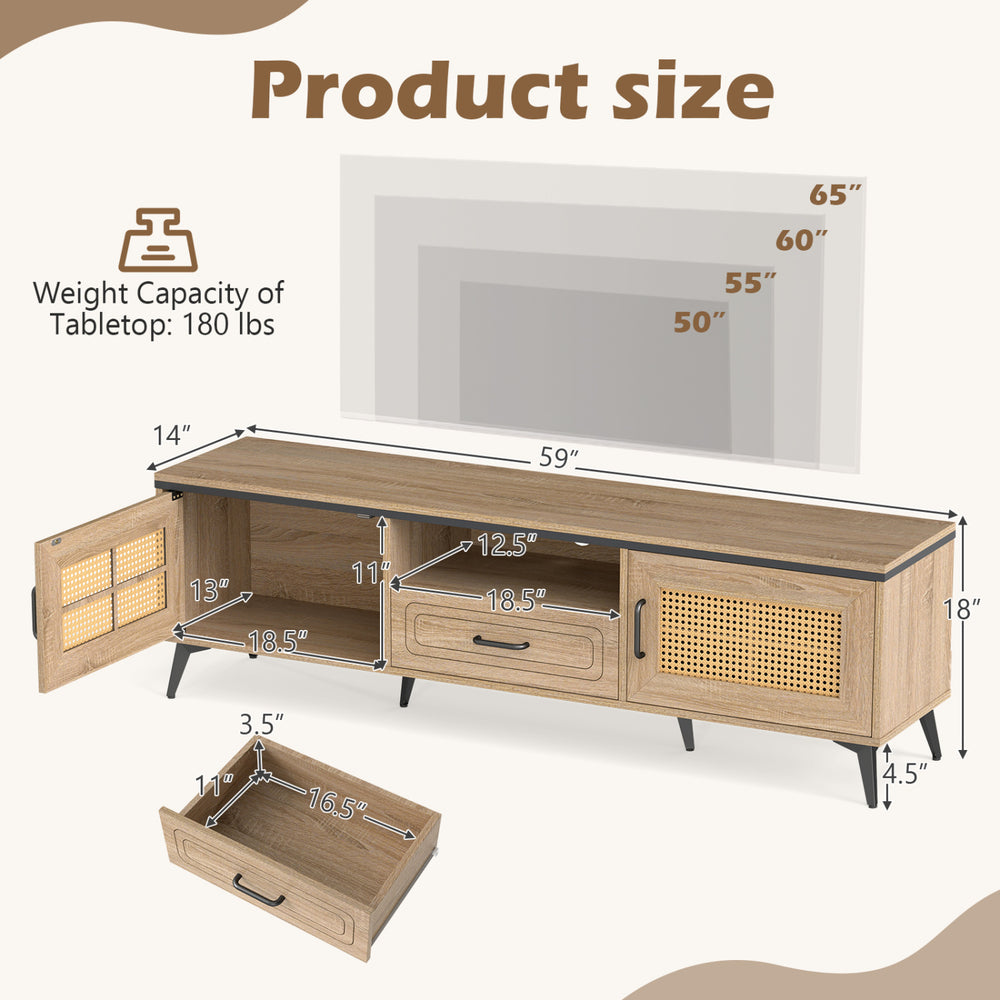 Dimensions of the Mid Century Modern Entertainment Center with oak finish, featuring cabinets and storage drawer for.