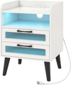 Mid Century Modern nightstand in white includes a remote-controlled LED light with 16 color options for customizable ambiance.