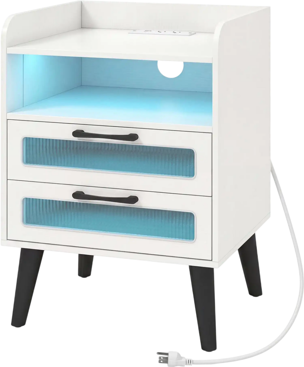Mid Century Modern nightstand in white includes a remote-controlled LED light with 16 color options for customizable ambiance.