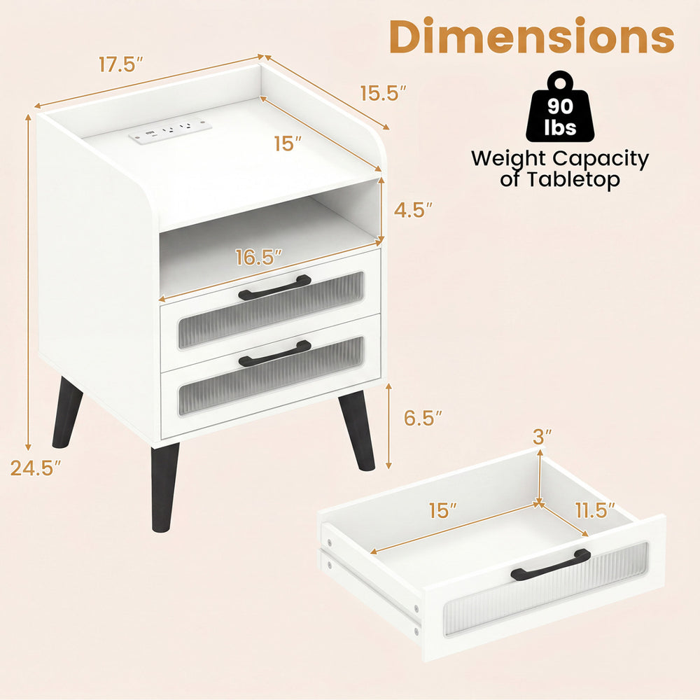 Mid Century Modern nightstand in white features a charging station, LED lights, and two storage drawers for bedside essentials.