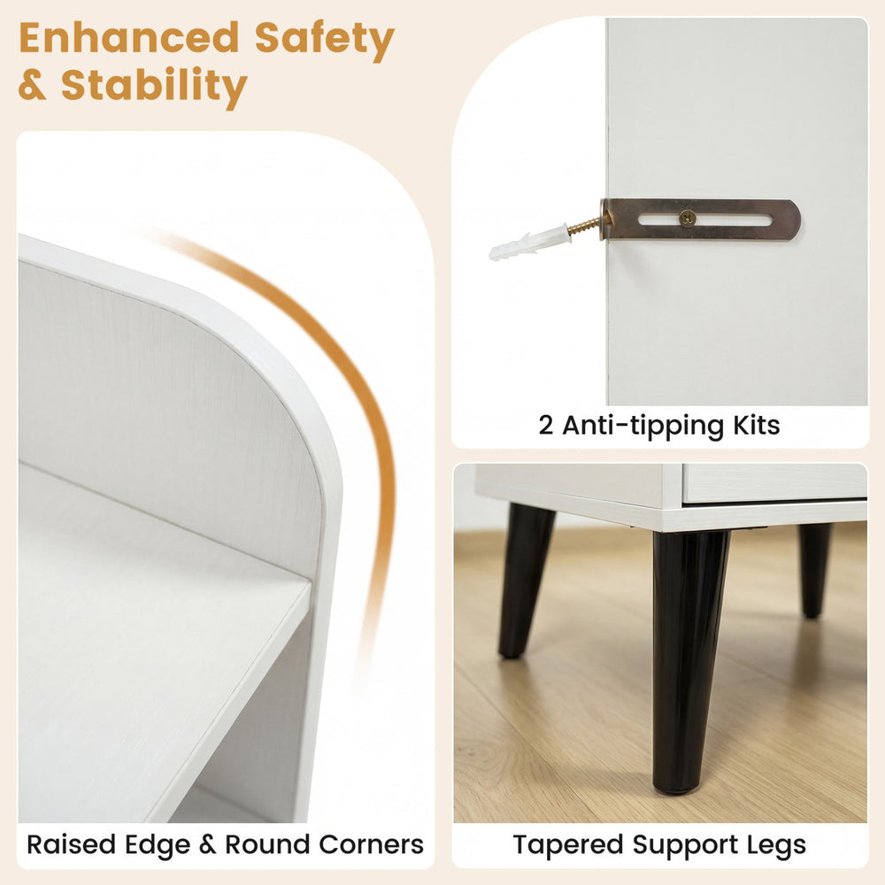 Mid Century Modern nightstand features tapered support legs, raised edges, and two anti-tipping kits for enhanced safety.