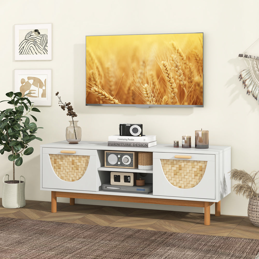 Mid Century Modern TV stand with bamboo woven fronts, featuring 2 drawers and open shelves for electronics, ideal for.