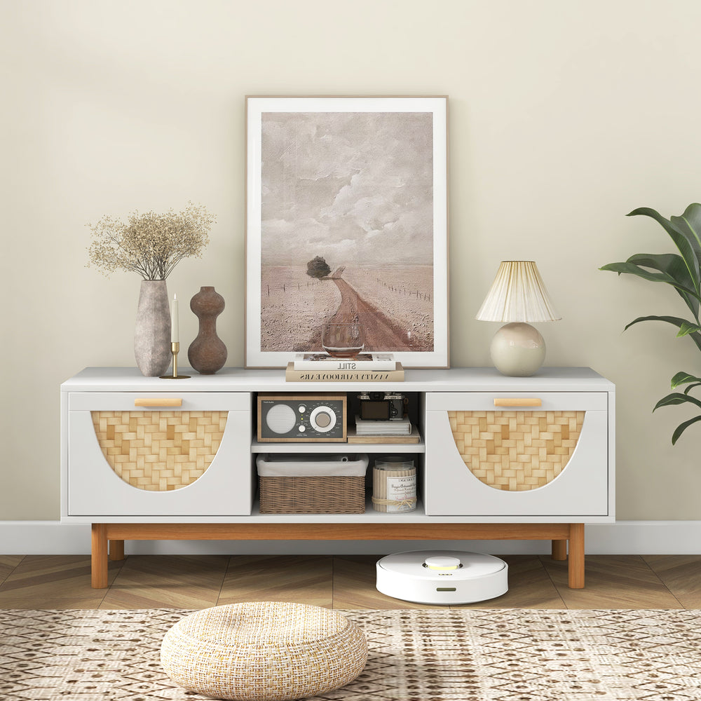Mid Century Modern TV stand with bamboo woven fronts, featuring 2 drawers and open shelves for electronics, styled in.
