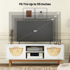 Mid Century Modern TV stand with bamboo woven fronts, fitting TVs up to 55 inches, featuring 2 drawers and open shelves.