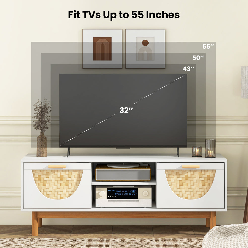 Mid Century Modern TV stand with bamboo woven fronts, fitting TVs up to 55 inches, featuring 2 drawers and open shelves.