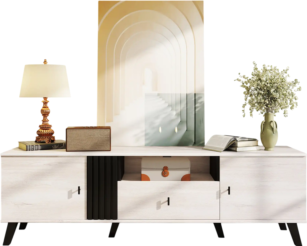 Mid Century Modern TV stand in oak, featuring spacious tabletop, fluted decoration, and versatile storage for living.