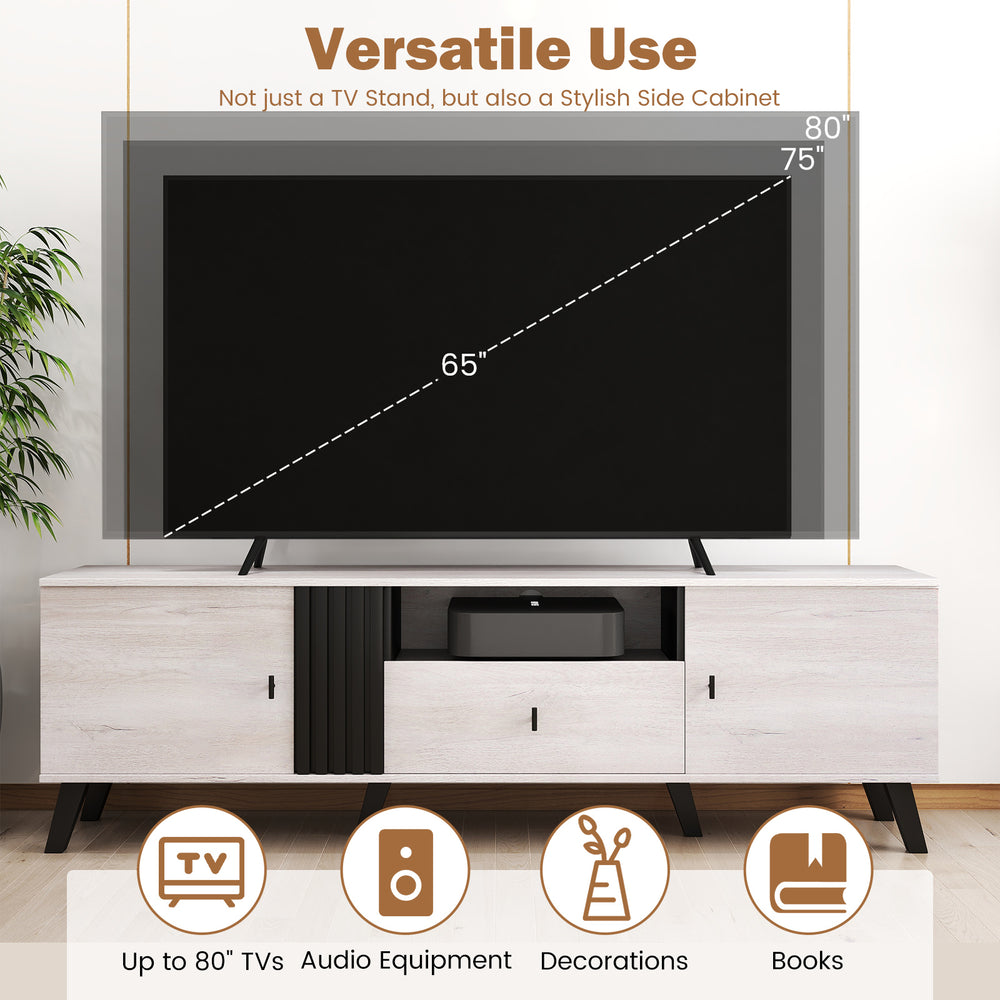 Mid Century Modern TV stand in oak, featuring spacious 68" tabletop, storage options, and elegant fluted design for.