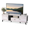 Mid Century Modern TV stand in oak with spacious 68" tabletop, storage doors, and elegant fluted design for living.