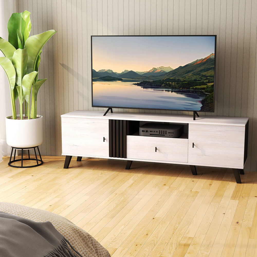 Mid Century Modern TV stand in oak, featuring a spacious 68" tabletop, open shelf, and stylish fluted decoration for.