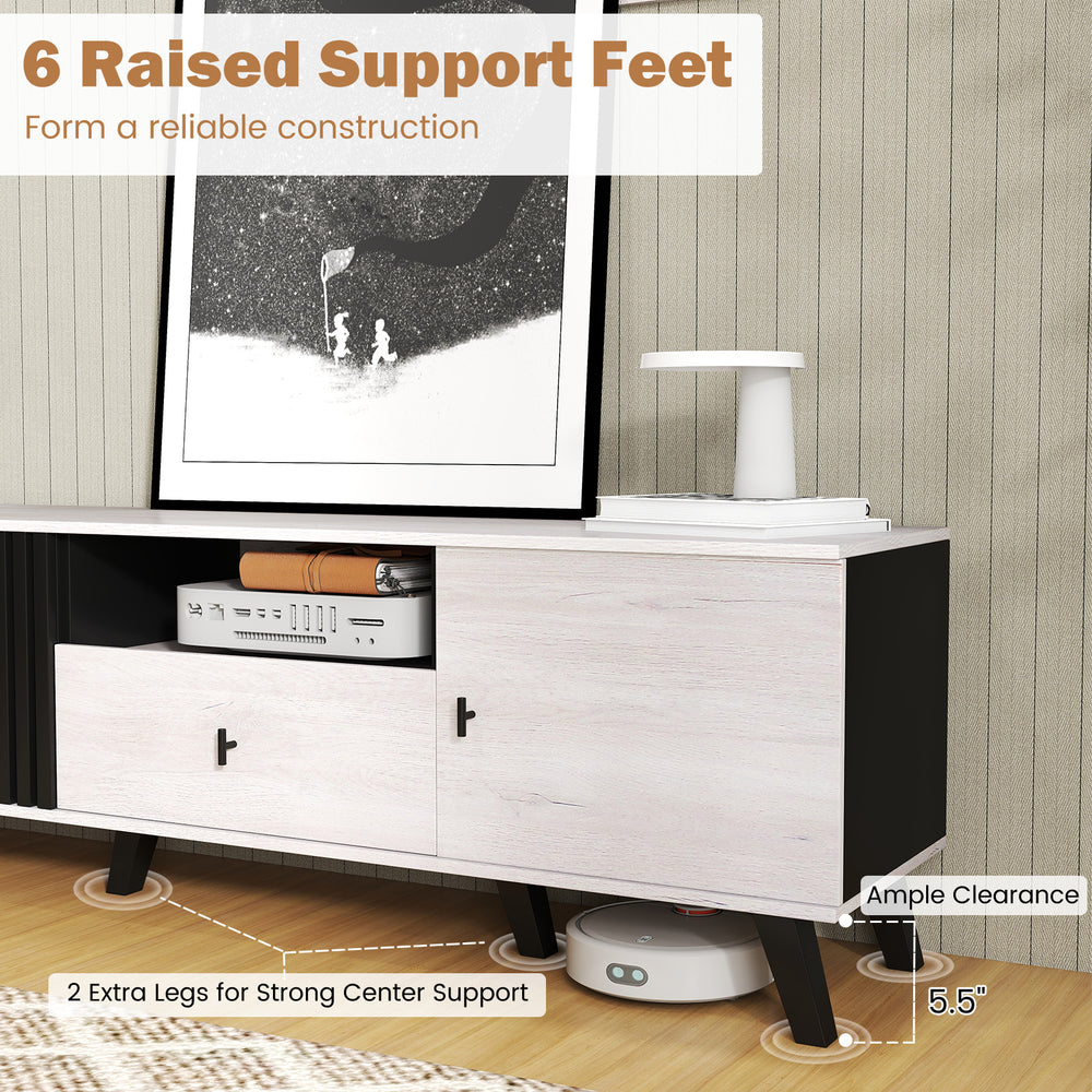 Mid Century Modern TV stand with 6 raised support feet, featuring ample clearance and versatile storage for media.