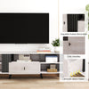 Mid Century Modern TV stand with fluted decoration, chic handles, and smooth metal slides for stylish media storage.