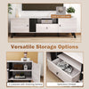Mid Century Modern TV stand with oak finish, featuring spacious tabletop, cabinets, and drawer for versatile storage.