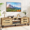 Mid Century Modern TV stand with sliding doors, natural wood grain finish, and cable hole for TVs up to 65 inches.