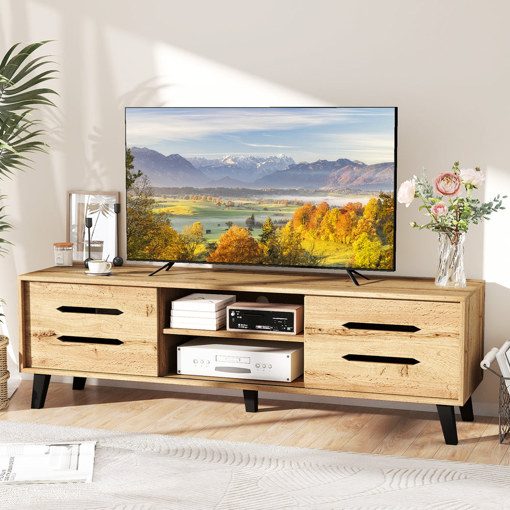 Mid Century Modern TV stand featuring a spacious 59" tabletop, two sliding doors, and a natural wood grain finish.